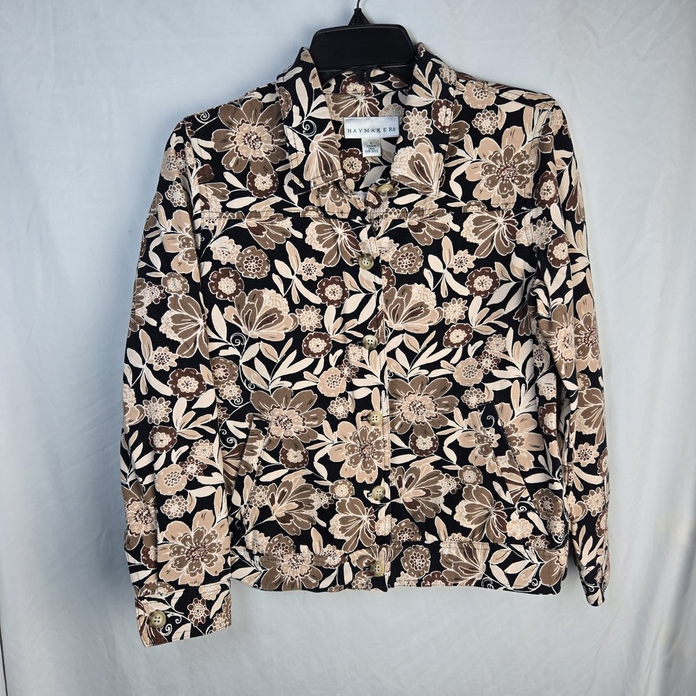Vintage 90s Haymaker Cotton Floral Trucker Jacket Womens Small Whimsy Neutral